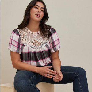 Torrid Crinkle Gauze Crochet Detail Top Plaid Purple 2x